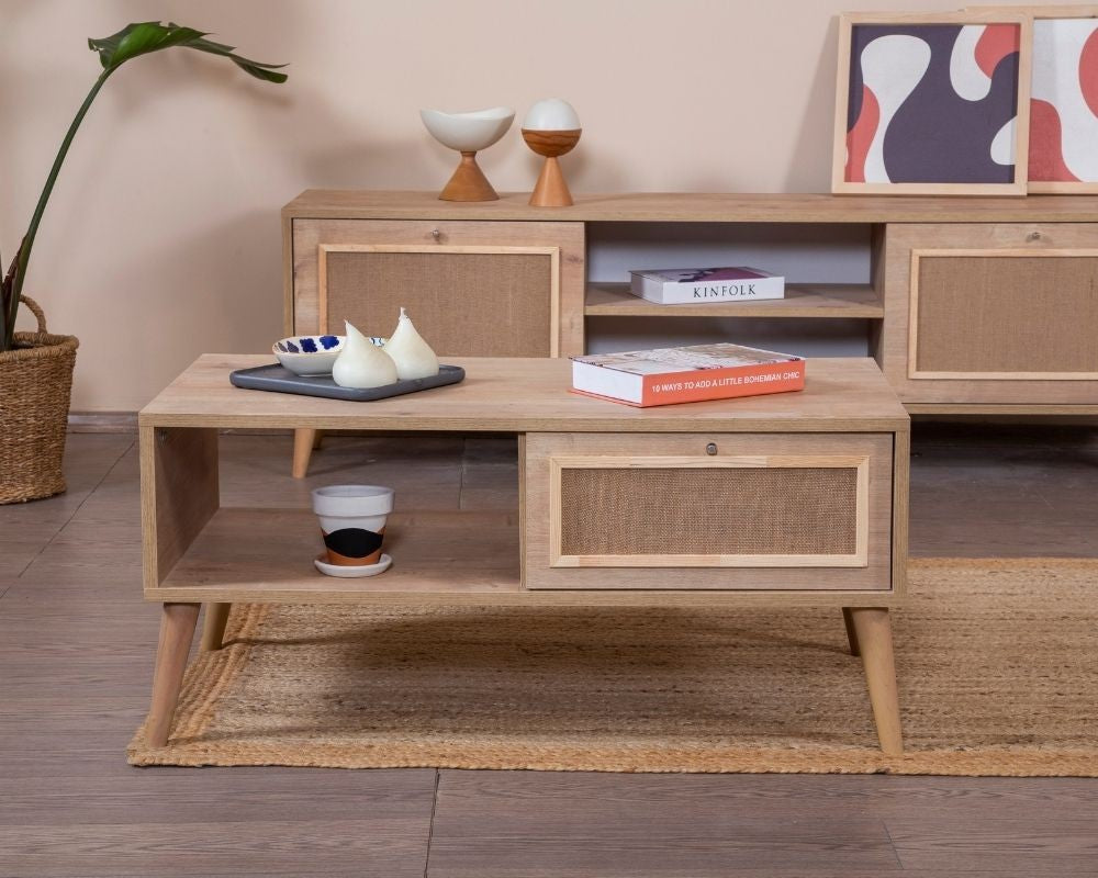 Mesa de Centro em Aglomerado Revestido de Melamina e MDF – 55cm x 100cm x 45cm – Carvalho