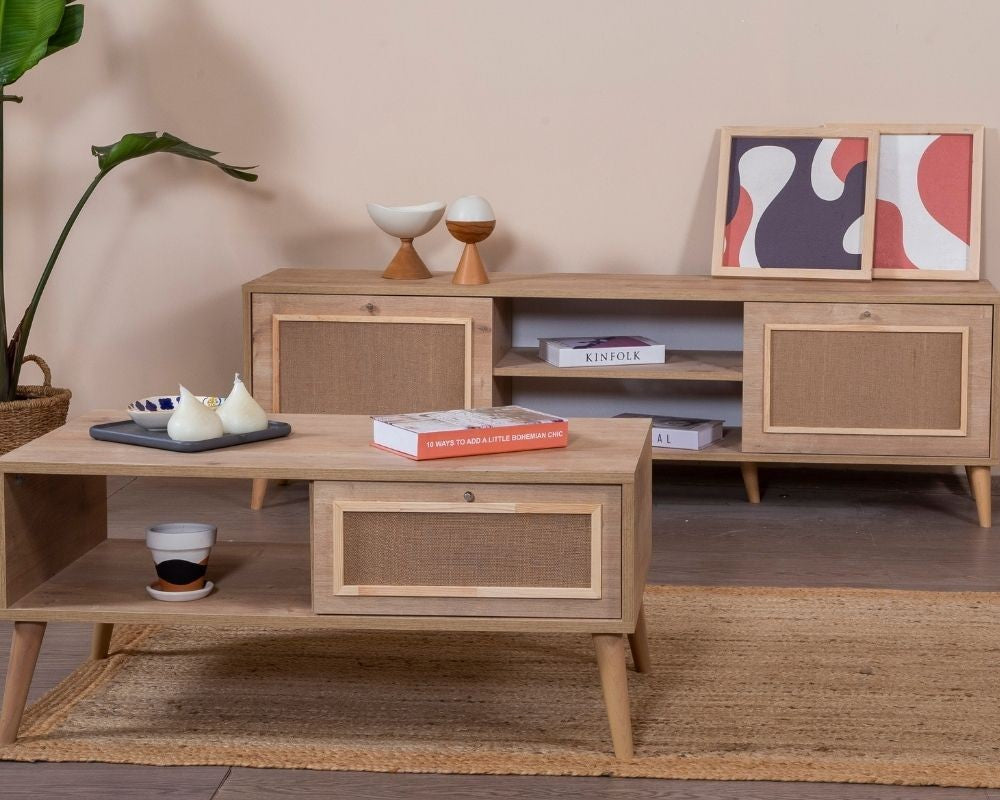 Mesa de Centro em Aglomerado Revestido de Melamina e MDF – 55cm x 100cm x 45cm – Carvalho