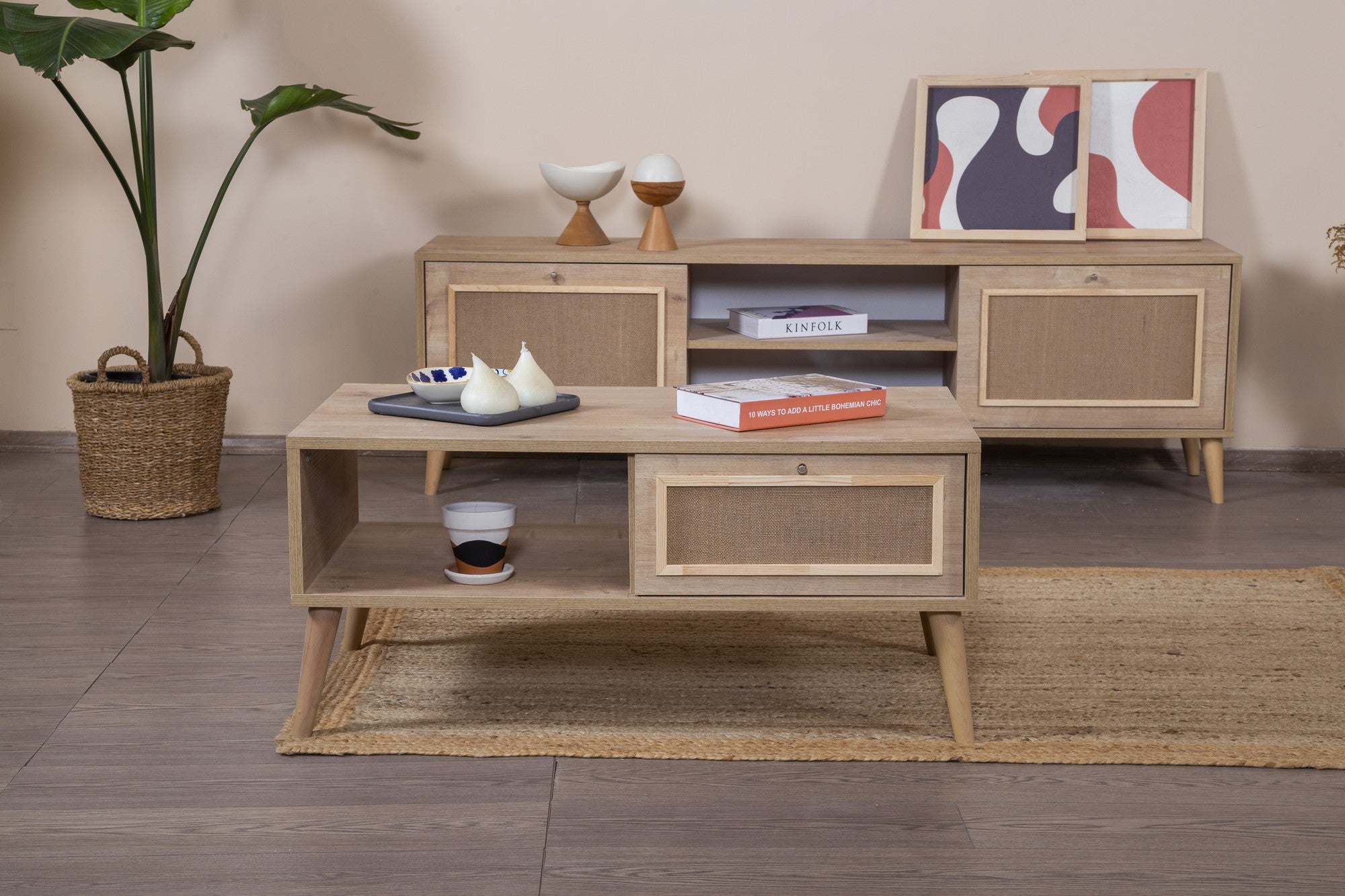 Mesa de Centro em Aglomerado Revestido de Melamina e MDF – 55cm x 100cm x 45cm – Carvalho