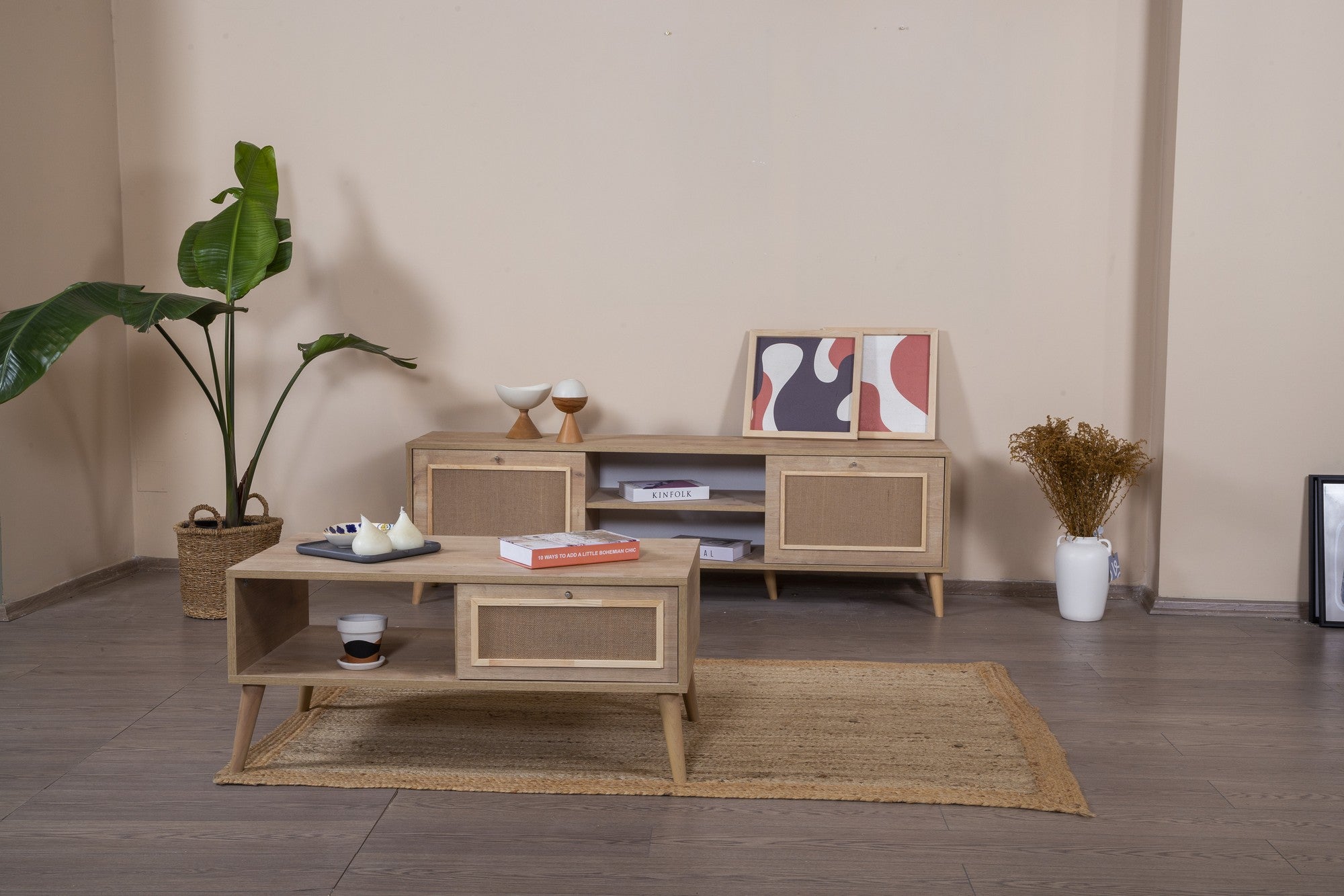 Mesa de Centro em Aglomerado Revestido de Melamina e MDF – 55cm x 100cm x 45cm – Carvalho