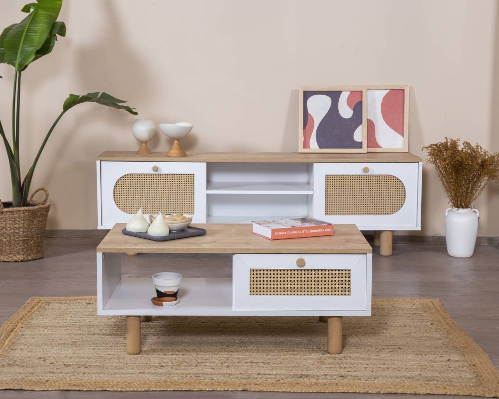 Mesa de Centro – 100 cm x 45 cm x 45 cm – Branco e Carvalho – Aglomerado e Madeira de Faia