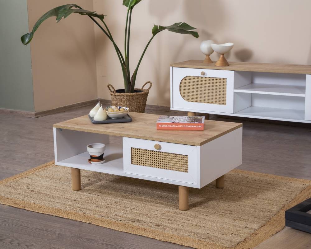 Mesa de Centro – 100 cm x 45 cm x 45 cm – Branco e Carvalho – Aglomerado e Madeira de Faia