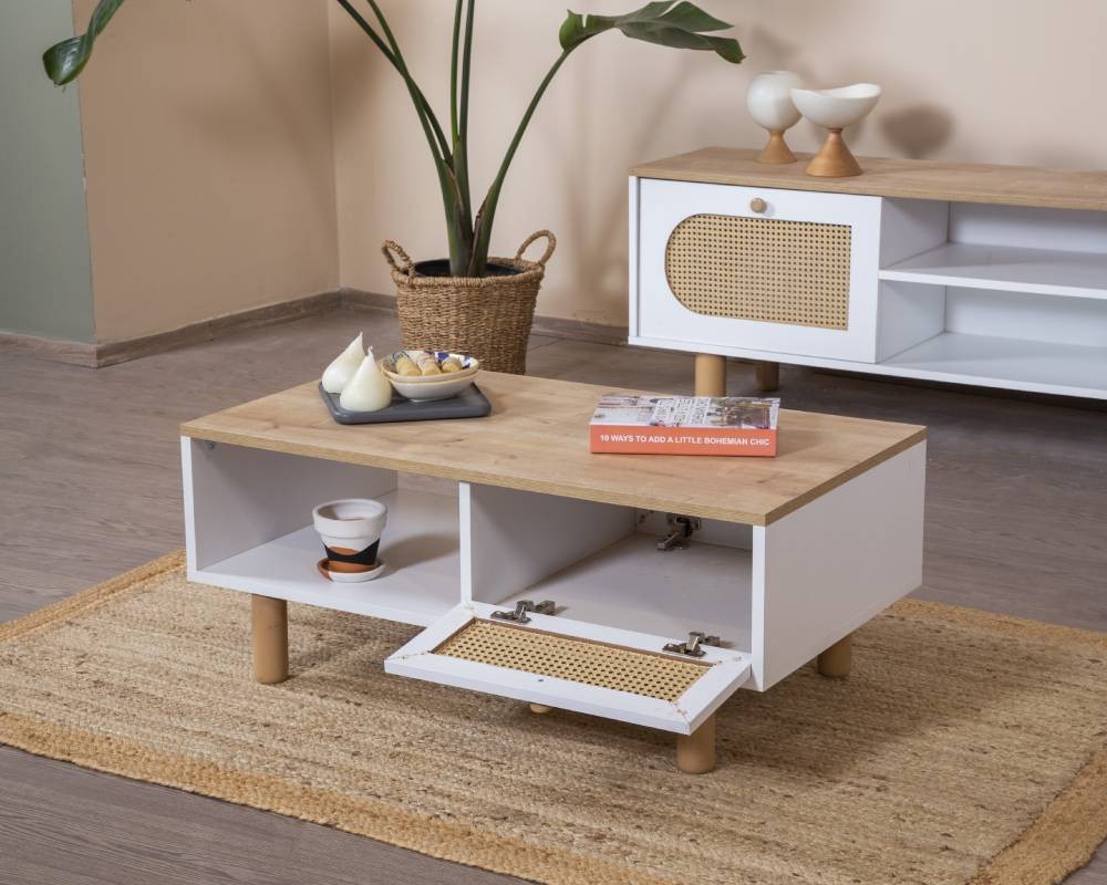 Mesa de Centro – 100 cm x 45 cm x 45 cm – Branco e Carvalho – Aglomerado e Madeira de Faia