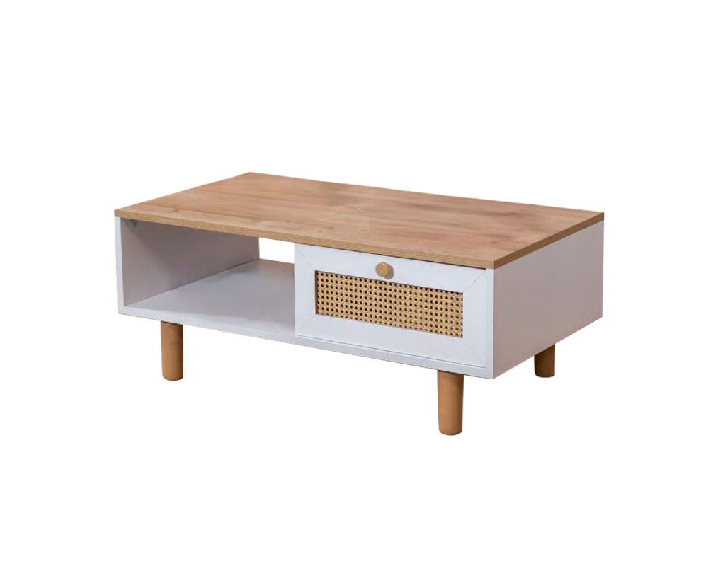 Mesa de Centro – 100 cm x 45 cm x 45 cm – Branco e Carvalho – Aglomerado e Madeira de Faia