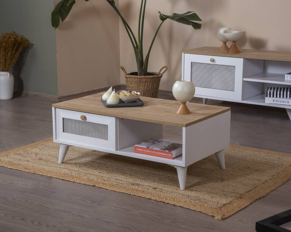 Mesa de Centro - 55 cm x 100 cm x 45 cm - Branco e Carvalho - MDF