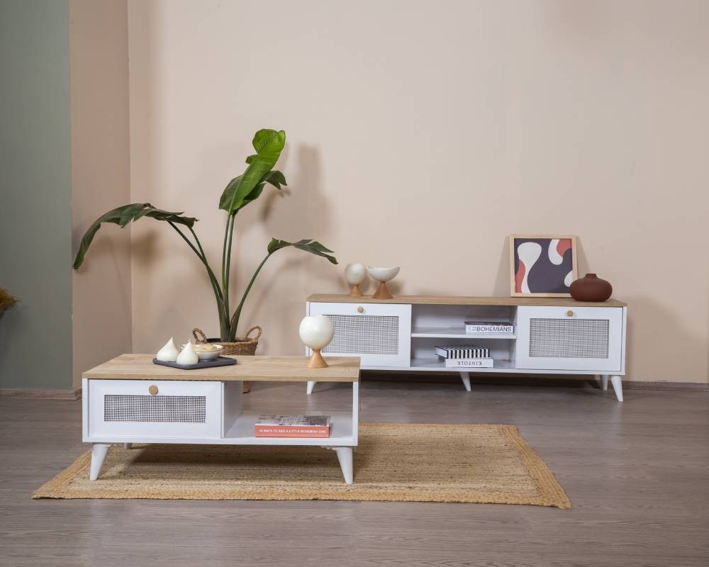 Mesa de Centro - 55 cm x 100 cm x 45 cm - Branco e Carvalho - MDF