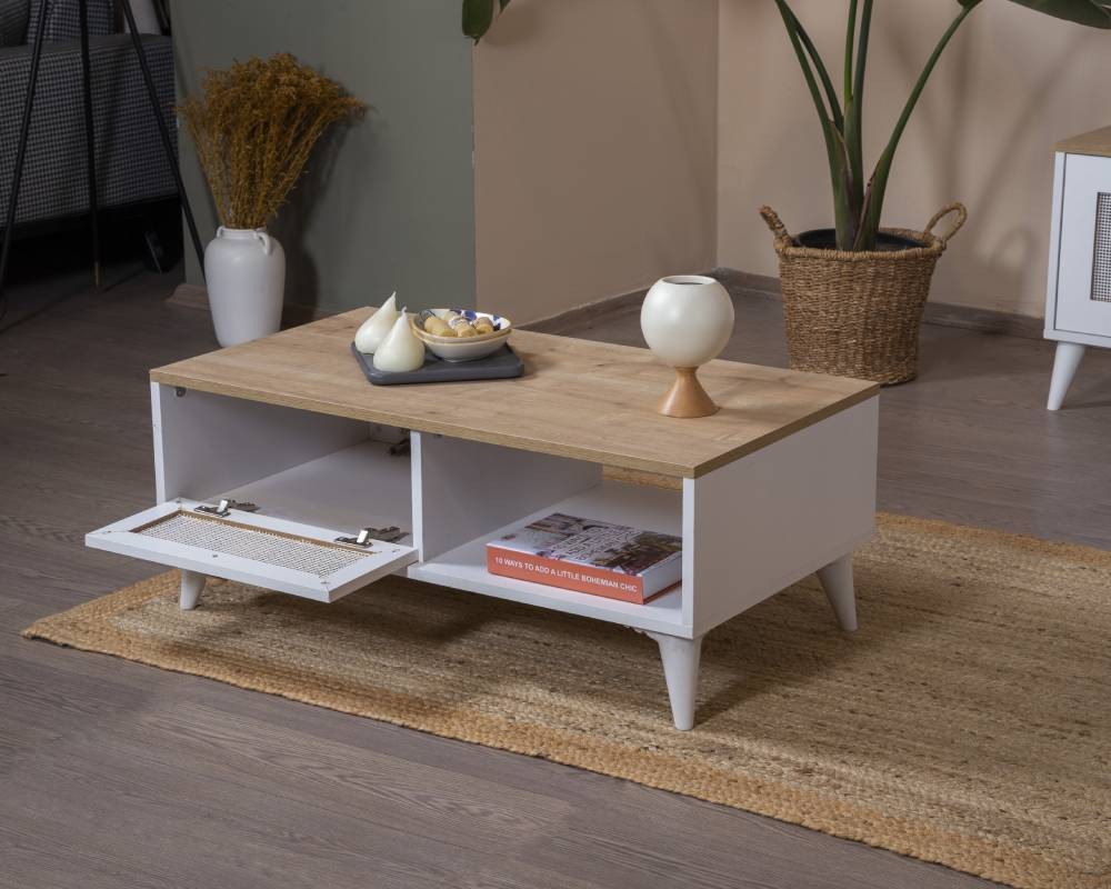 Mesa de Centro - 55 cm x 100 cm x 45 cm - Branco e Carvalho - MDF