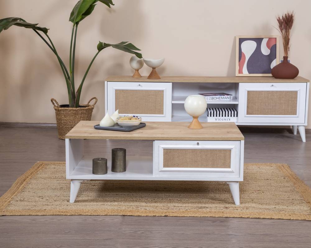 Mesa de Centro – 55cm x 100cm x 45cm – Branco e Carvalho – MDF