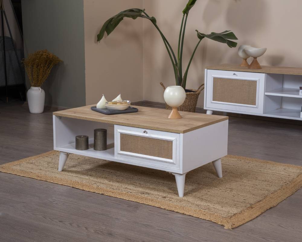 Mesa de Centro – 55cm x 100cm x 45cm – Branco e Carvalho – MDF