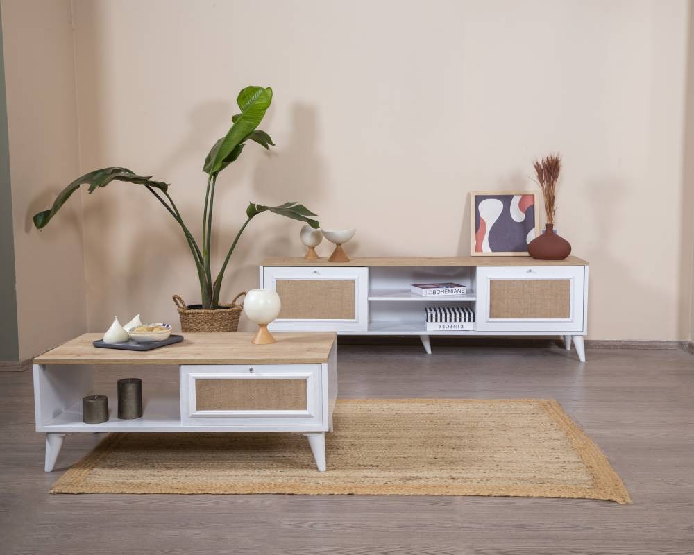 Mesa de Centro – 55cm x 100cm x 45cm – Branco e Carvalho – MDF
