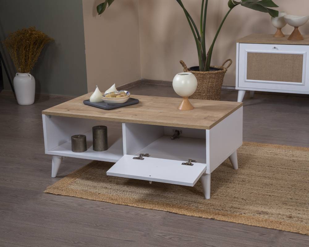 Mesa de Centro – 55cm x 100cm x 45cm – Branco e Carvalho – MDF