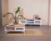 Mesa de Centro – 55cm x 100cm x 45cm – Branco e Carvalho – MDF e Madeira de Pinho