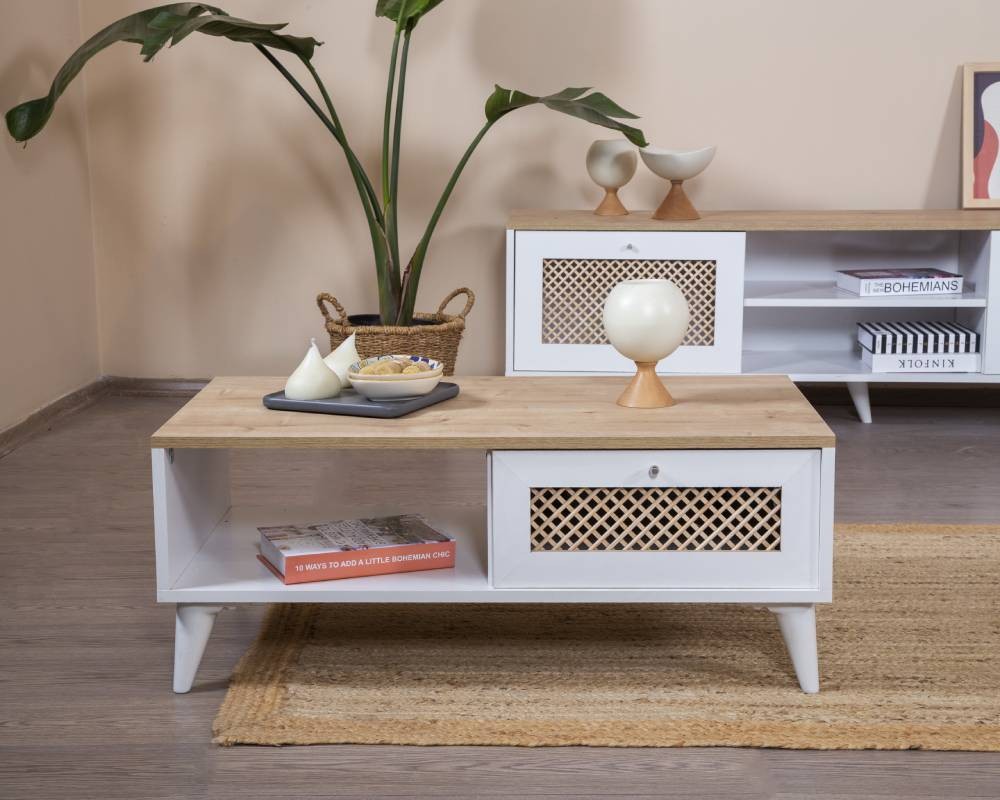 Mesa de Centro – 55cm x 100cm x 45cm – Branco e Carvalho – MDF e Madeira de Pinho