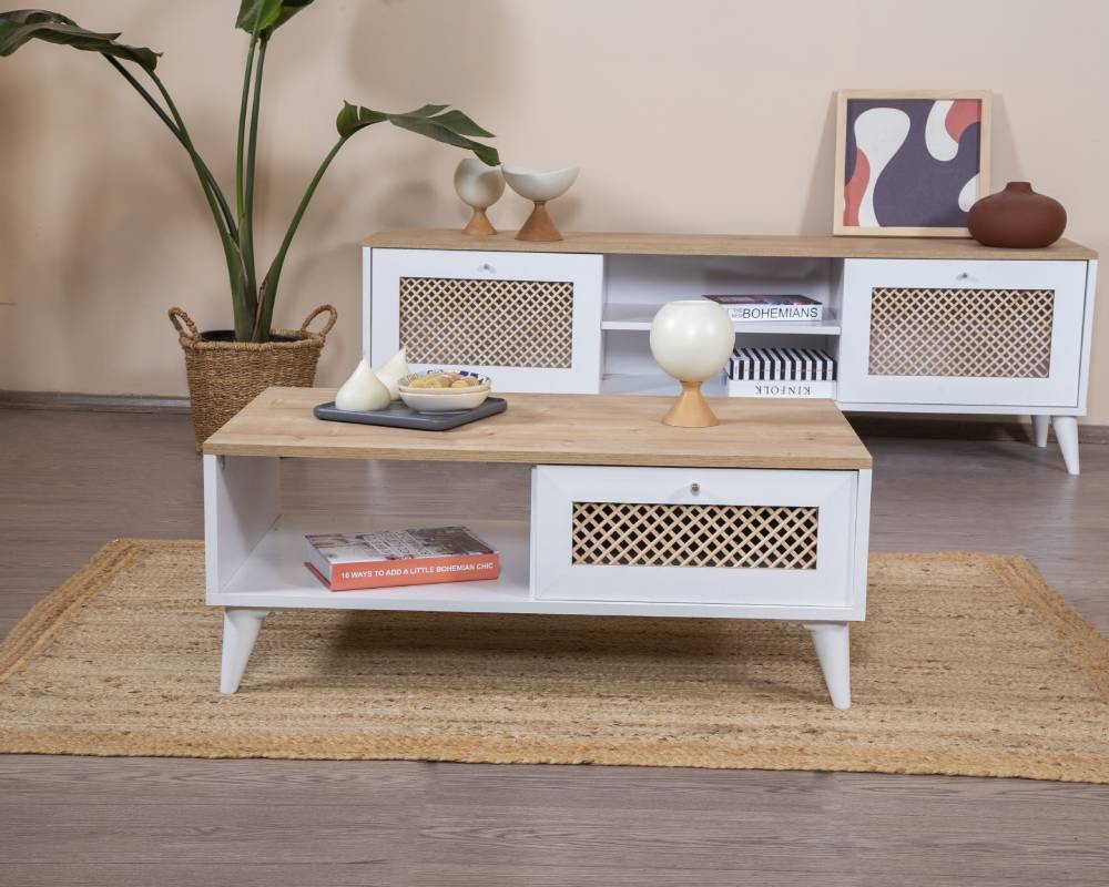 Mesa de Centro – 55cm x 100cm x 45cm – Branco e Carvalho – MDF e Madeira de Pinho
