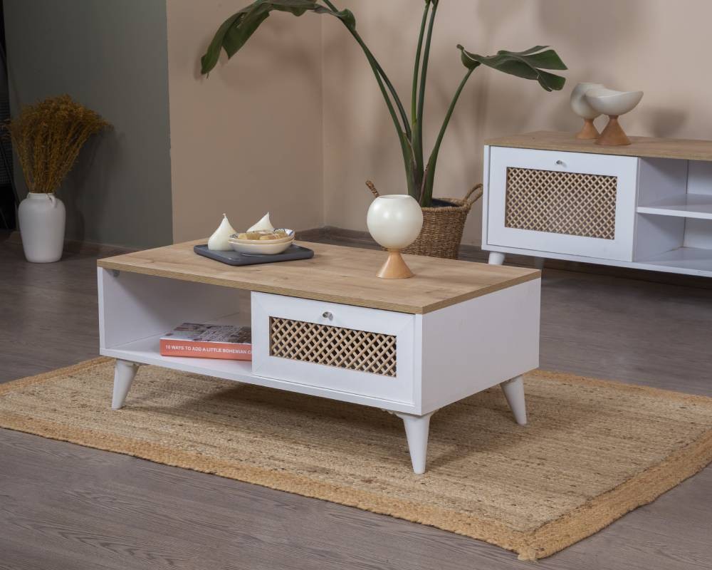 Mesa de Centro – 55cm x 100cm x 45cm – Branco e Carvalho – MDF e Madeira de Pinho