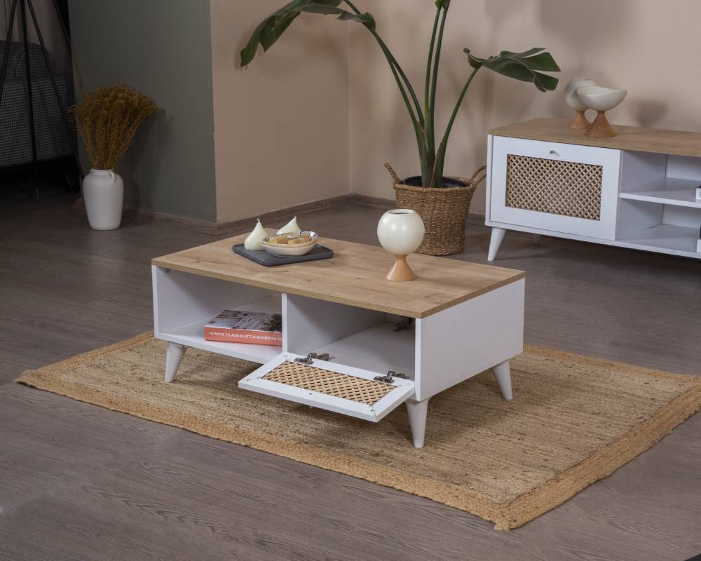 Mesa de Centro – 55cm x 100cm x 45cm – Branco e Carvalho – MDF e Madeira de Pinho