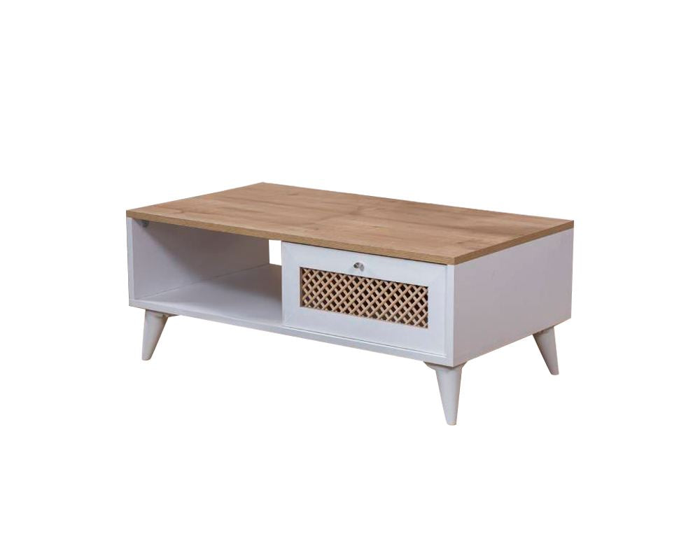 Mesa de Centro – 55cm x 100cm x 45cm – Branco e Carvalho – MDF e Madeira de Pinho