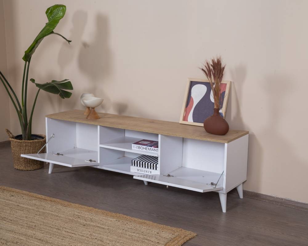 Móvel de TV – 55 cm x 180 cm x 41 cm – Branco e Carvalho – MDF