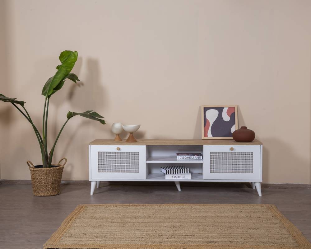 Móvel de TV – 55 cm x 180 cm x 41 cm – Branco e Carvalho – MDF