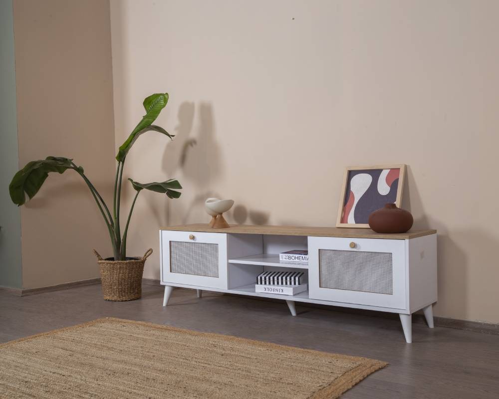 Móvel de TV – 55 cm x 180 cm x 41 cm – Branco e Carvalho – MDF