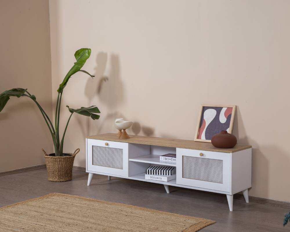 Móvel de TV – 55 cm x 180 cm x 41 cm – Branco e Carvalho – MDF