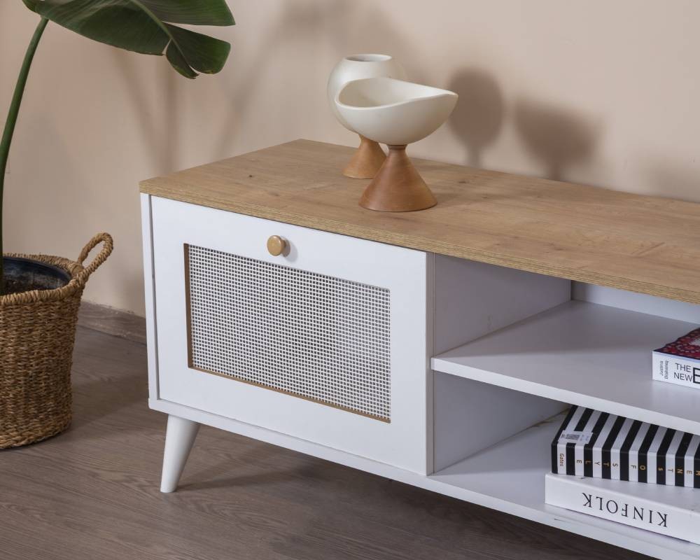 Móvel de TV – 55 cm x 180 cm x 41 cm – Branco e Carvalho – MDF