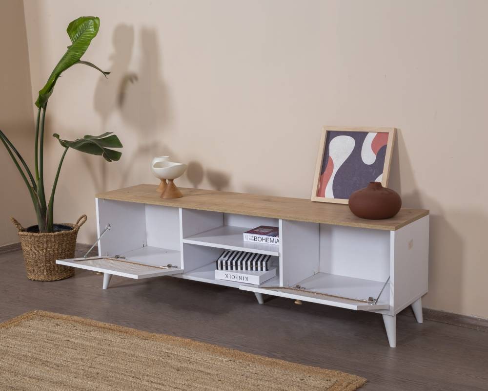 Móvel de TV – 55 cm x 180 cm x 41 cm – Branco e Carvalho – MDF
