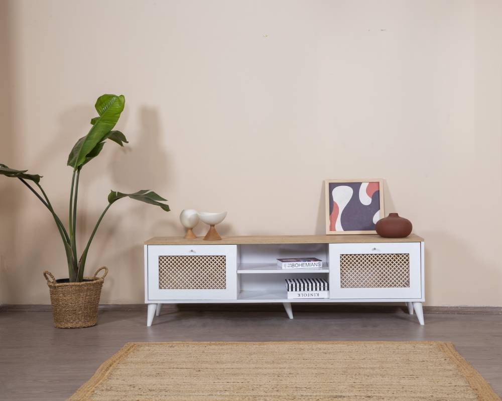 Móvel de TV – 55 cm x 180 cm x 41 cm – Branco e Carvalho – MDF e Madeira de Pinho