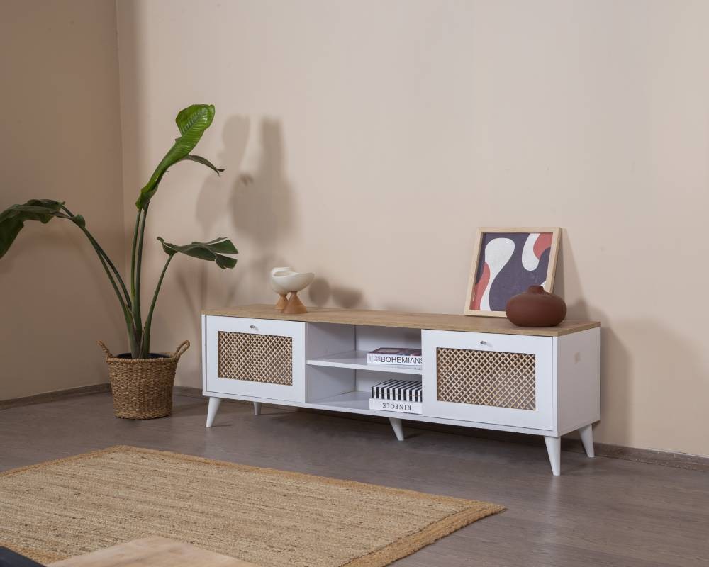Móvel de TV – 55 cm x 180 cm x 41 cm – Branco e Carvalho – MDF e Madeira de Pinho