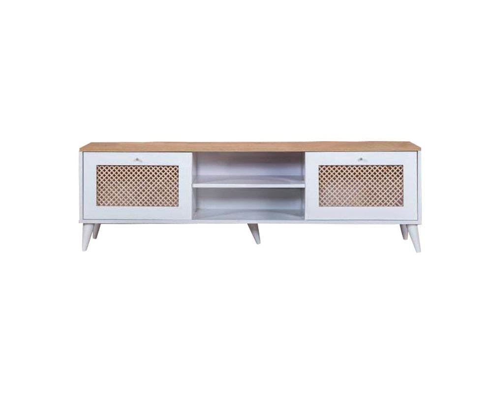 Móvel de TV – 55 cm x 180 cm x 41 cm – Branco e Carvalho – MDF e Madeira de Pinho