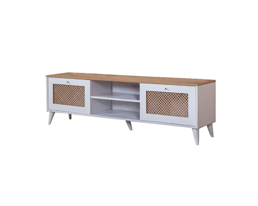 Móvel de TV – 55 cm x 180 cm x 41 cm – Branco e Carvalho – MDF e Madeira de Pinho