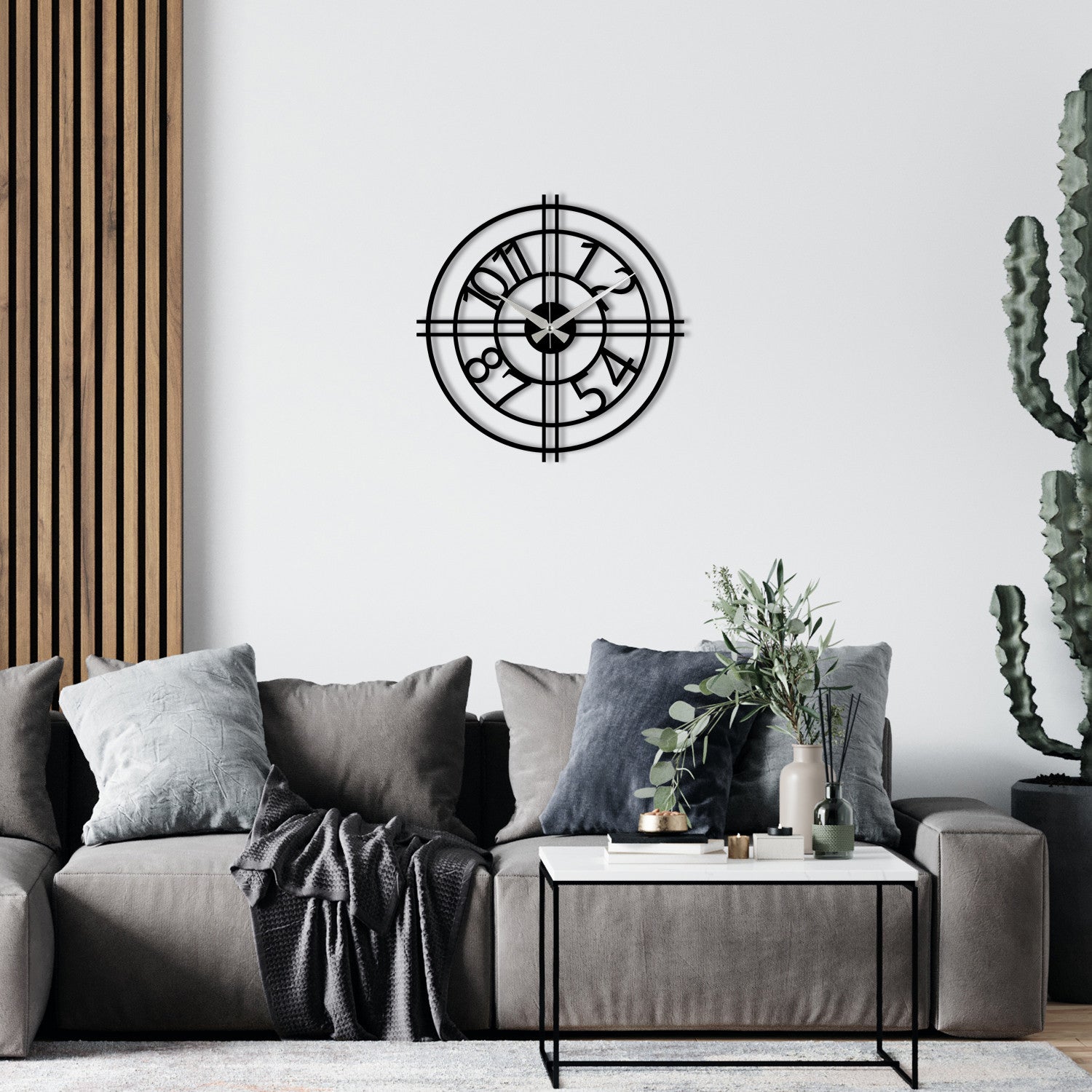 Relógio de Parede Decorativo Enzoclock S010 em Metal — Preto, 48x48 cm (pilha AA não incluída)
