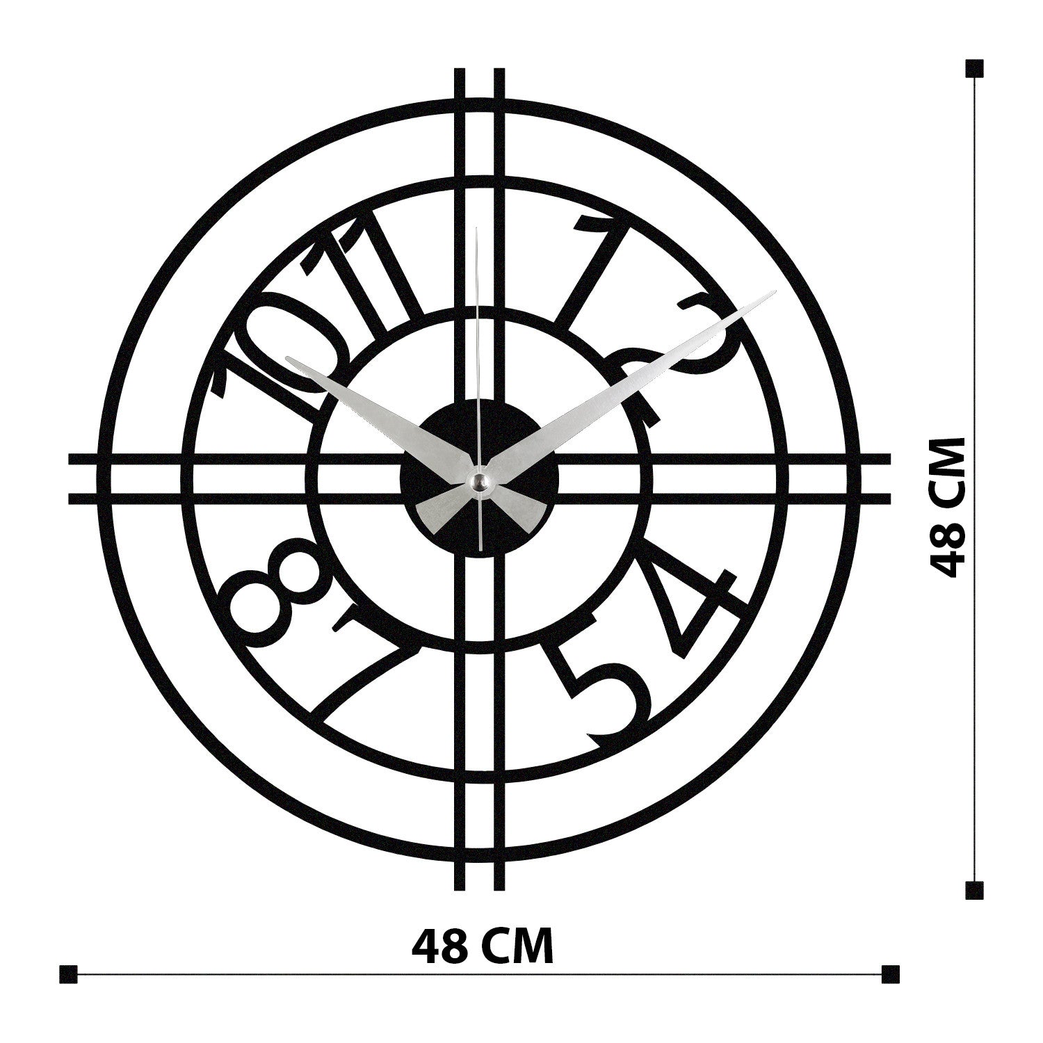 Relógio de Parede Decorativo Enzoclock S010 em Metal — Preto, 48x48 cm (pilha AA não incluída)