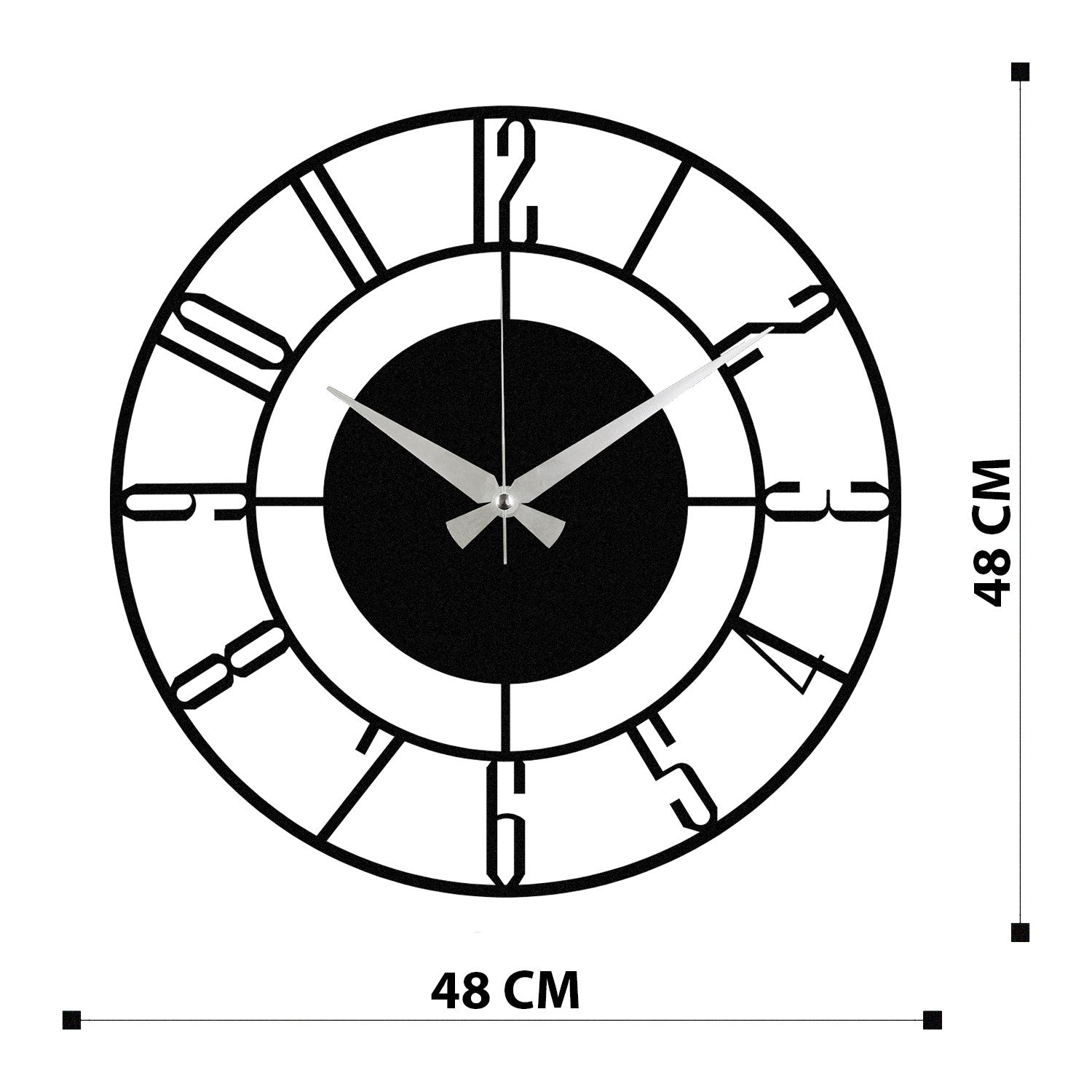 Relógio de parede decorativo elegante em metal preto, 48 x 48 cm | 100% metal (1,2 mm de espessura) | Requer 1 pilha AA (não incluída) | Decoração elegante para casa