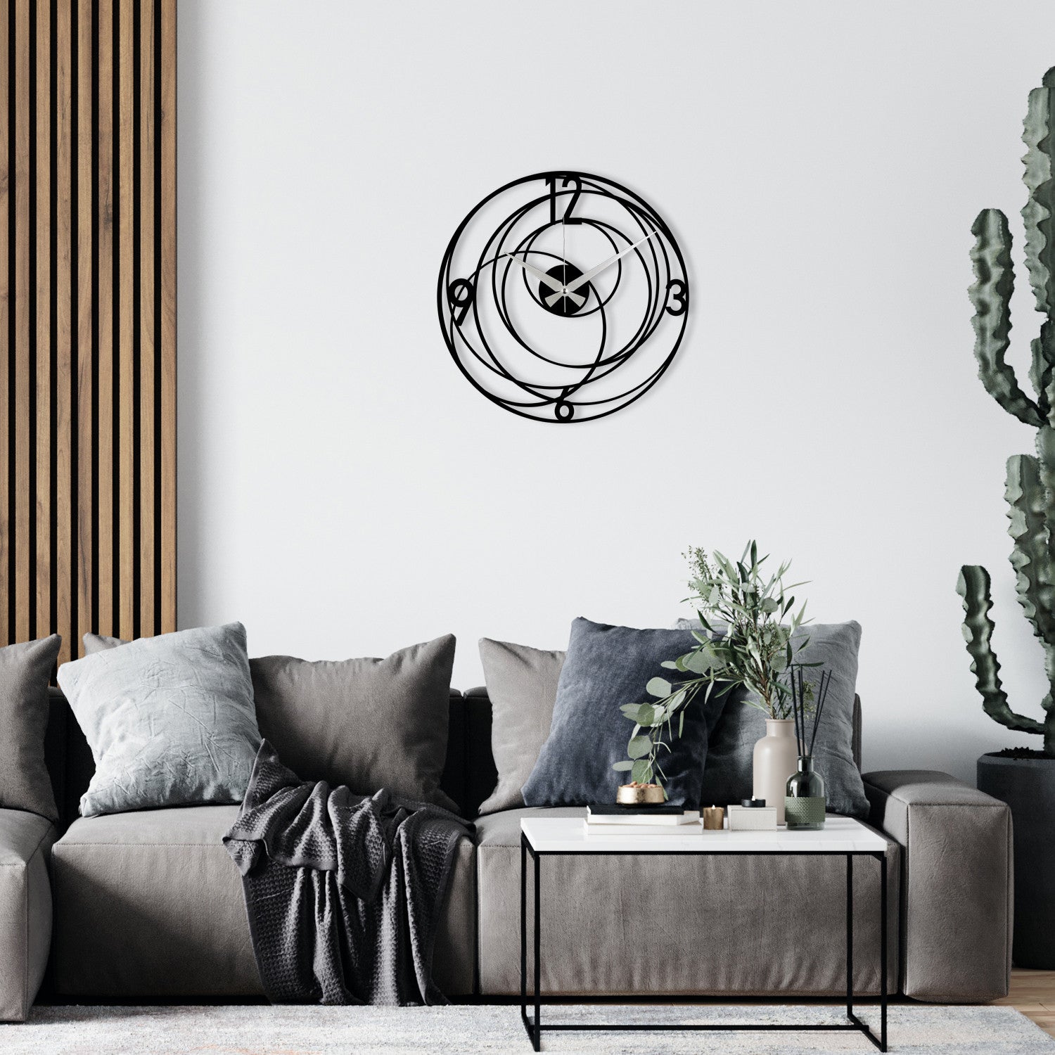 Relógio de Parede Decorativo Enzoclock S027 — 100% Metal (1,2 mm), 48x48 cm, Preto