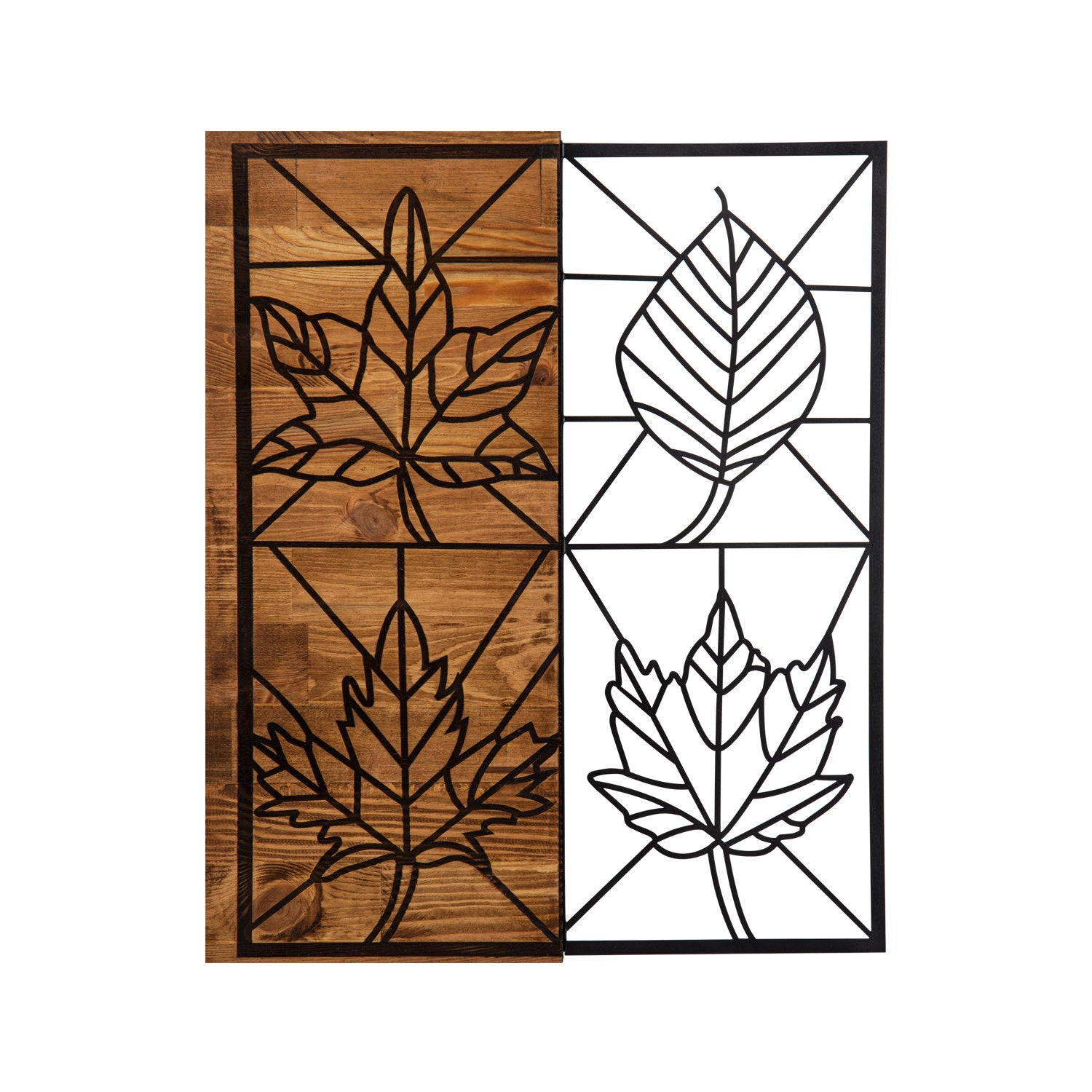 Yapraklar — Acessório de Parede Decorativo em Metal com Moldura de Madeira, Preto/Nogueira, 48 x 58 cm