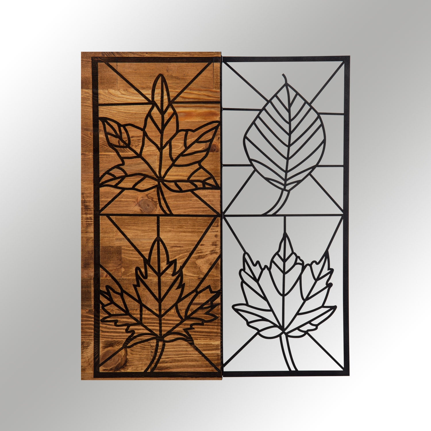 Yapraklar — Acessório de Parede Decorativo em Metal com Moldura de Madeira, Preto/Nogueira, 48 x 58 cm