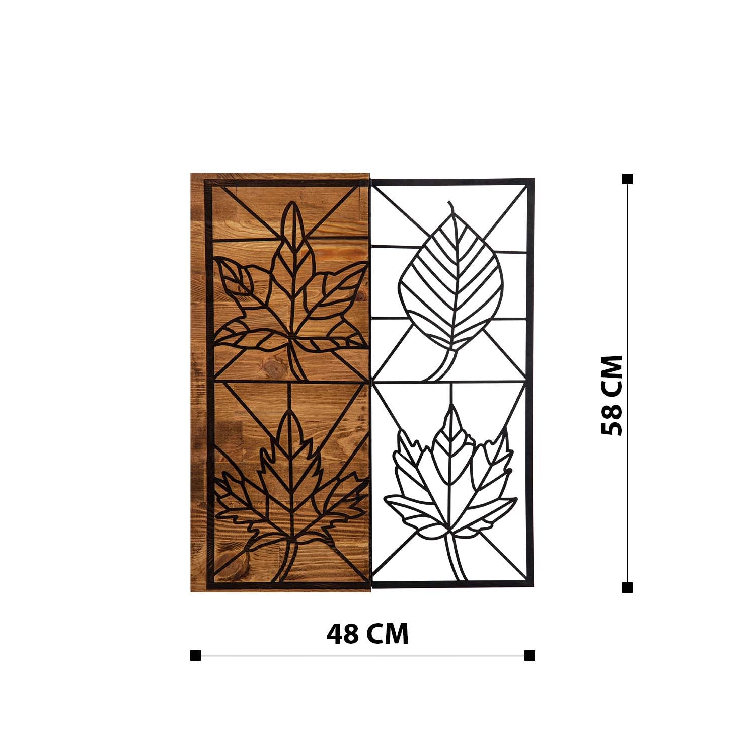 Yapraklar — Acessório de Parede Decorativo em Metal com Moldura de Madeira, Preto/Nogueira, 48 x 58 cm
