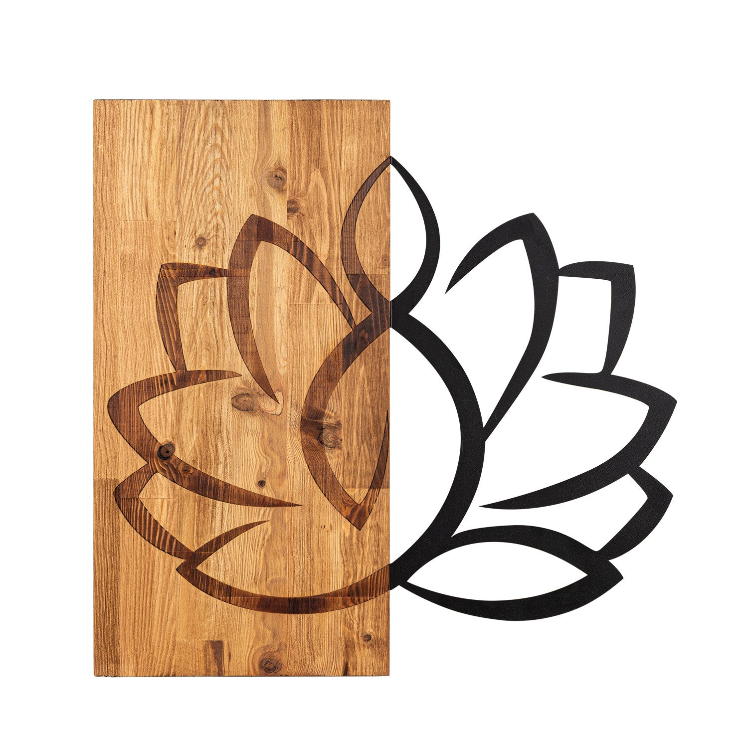 Lotus – Acessório de Parede Decorativo em Madeira e Metal, Preto/Nogueira, 58 x 58 cm