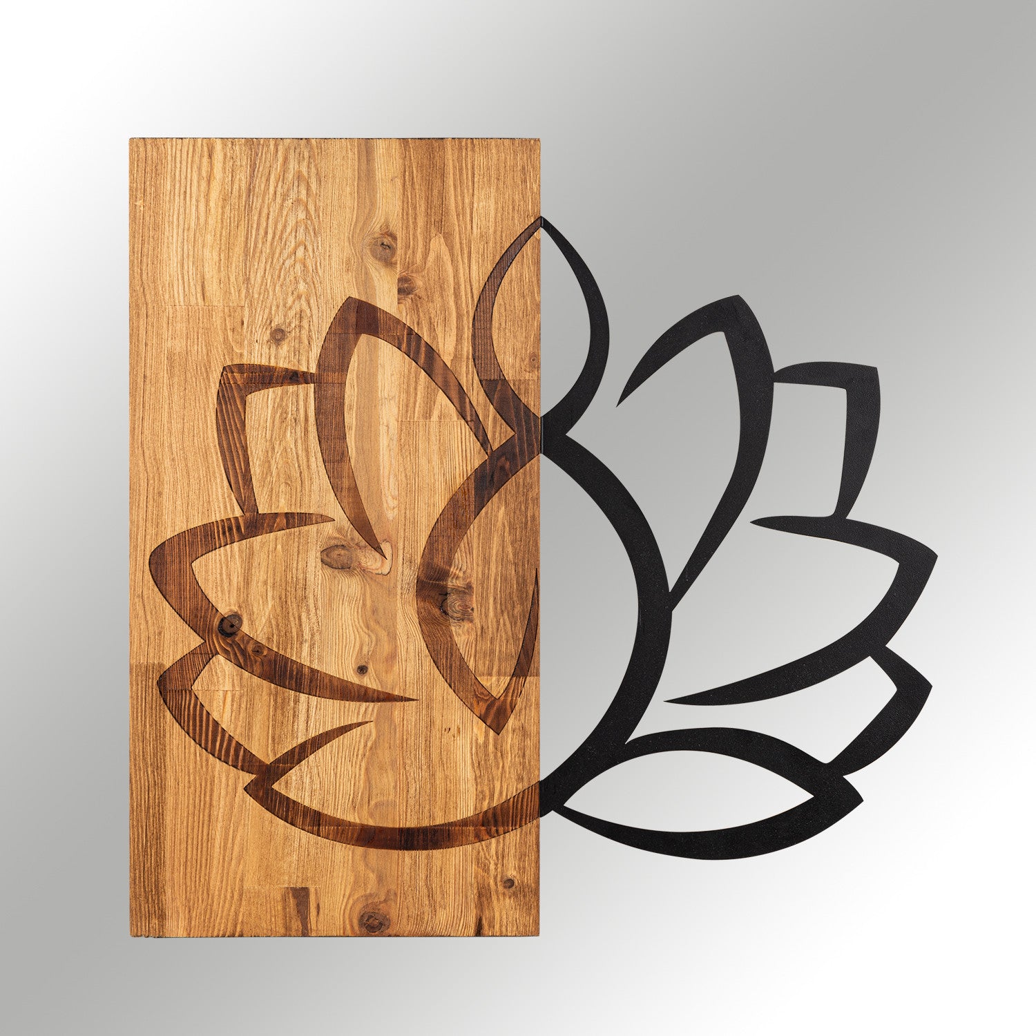 Lotus – Acessório de Parede Decorativo em Madeira e Metal, Preto/Nogueira, 58 x 58 cm