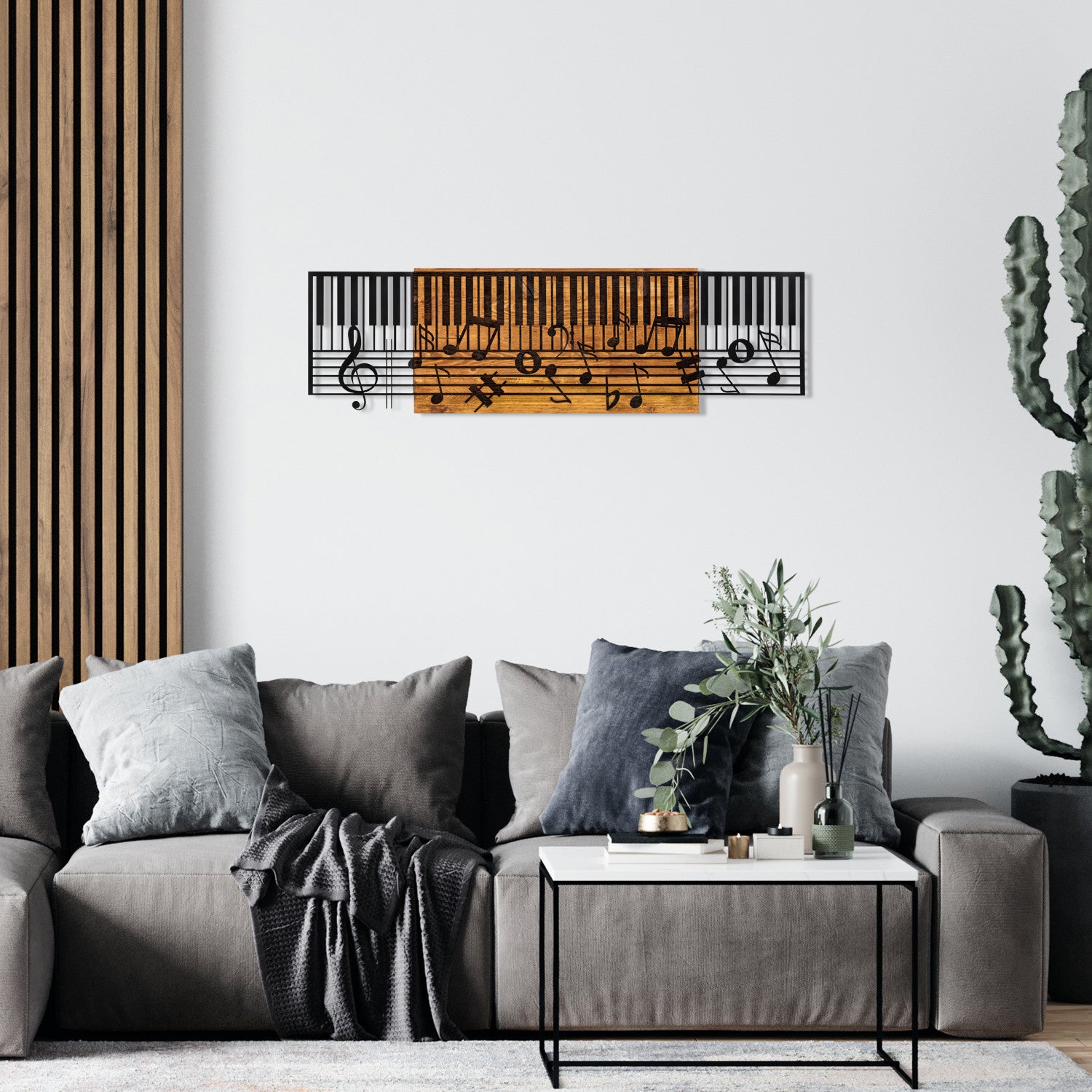 Arya — Acessório de Parede Decorativo em Metal Preto com Moldura em Madeira de Nogueira, 100x30 cm