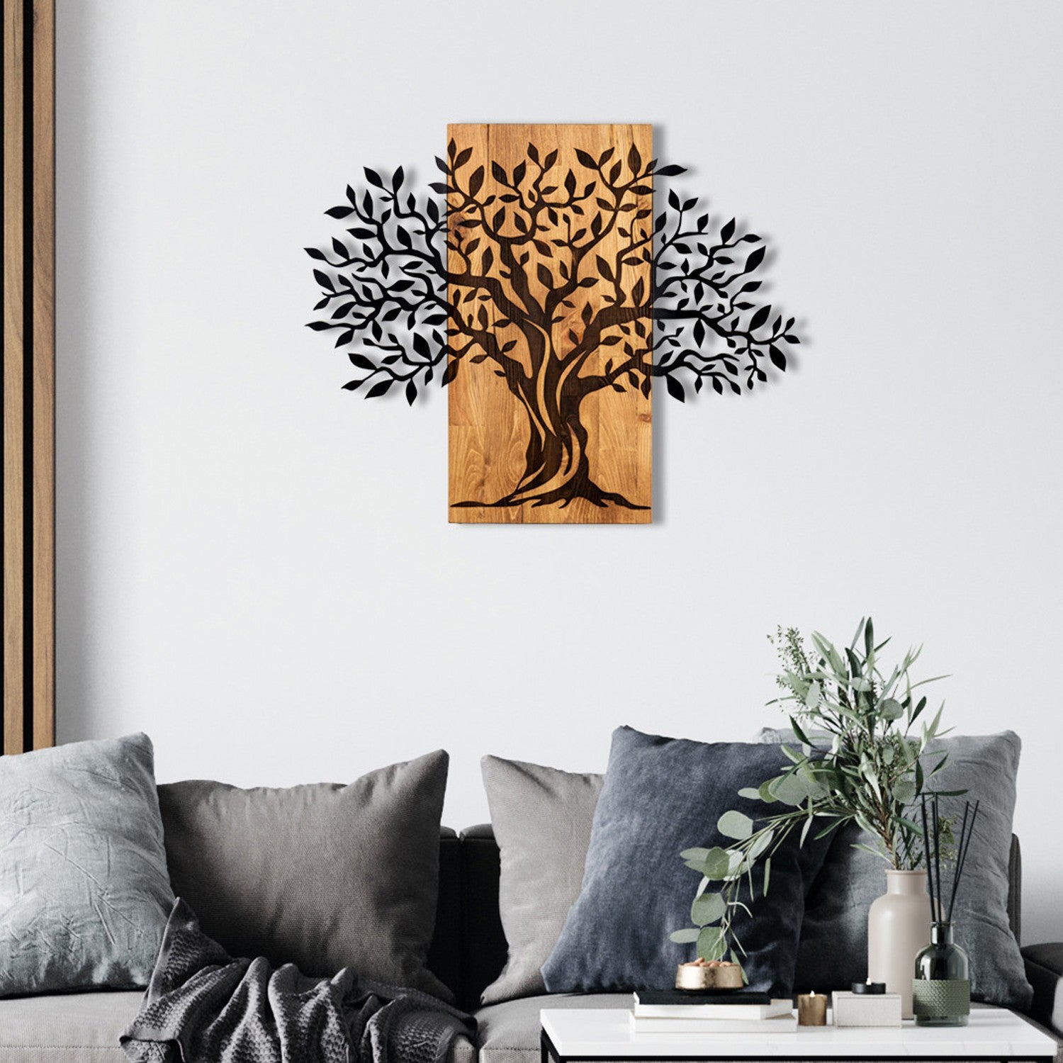 Elegante acessório decorativo de parede em madeira, 72 x 58 cm, preto e nogueira | 100% metal (1,2 mm) e estrutura de madeira (3 cm) | Perfeito para decoração moderna