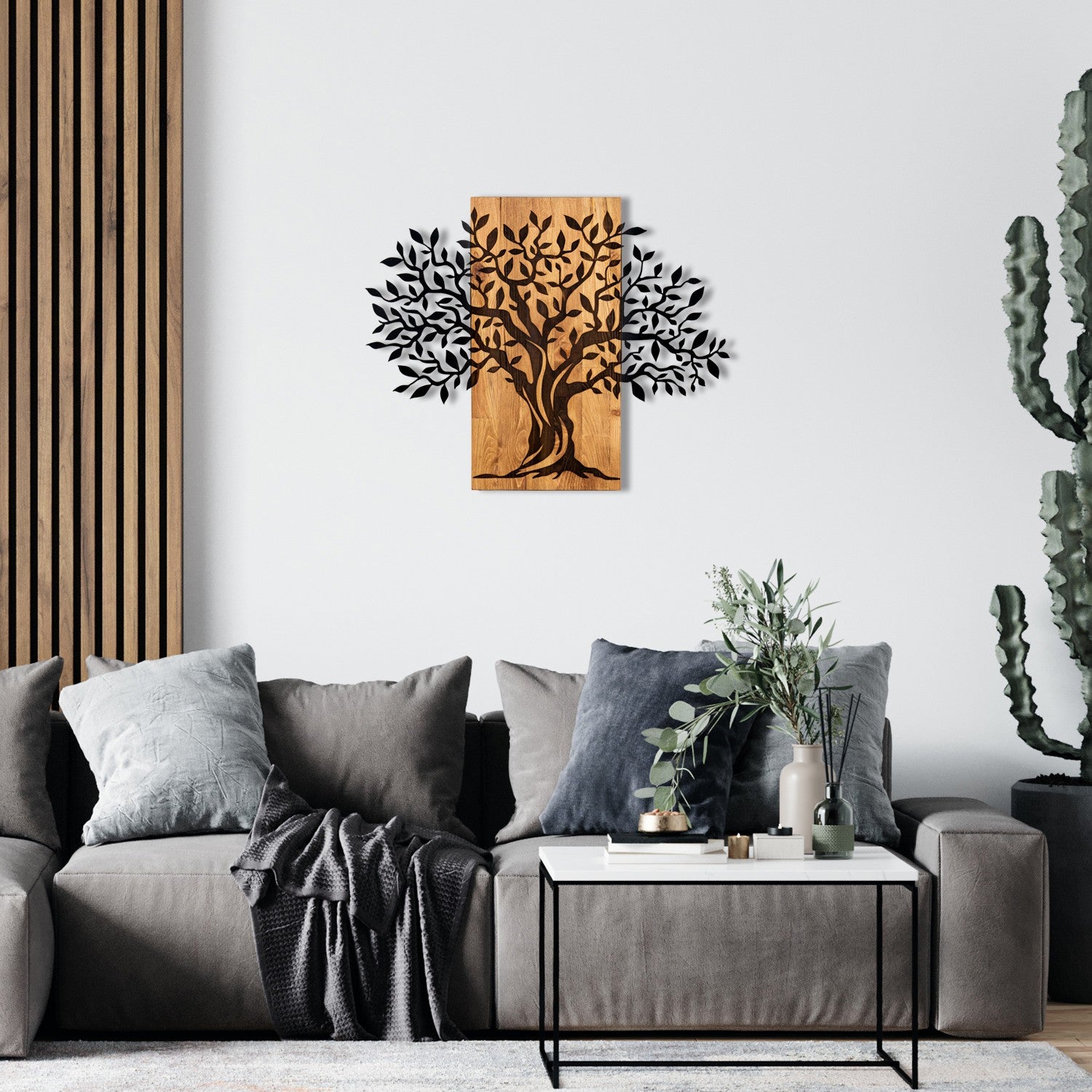 Elegante acessório decorativo de parede em madeira, 72 x 58 cm, preto e nogueira | 100% metal (1,2 mm) e estrutura de madeira (3 cm) | Perfeito para decoração moderna