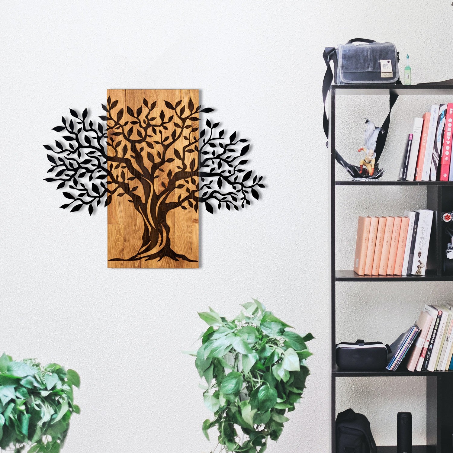 Elegante acessório decorativo de parede em madeira, 72 x 58 cm, preto e nogueira | 100% metal (1,2 mm) e estrutura de madeira (3 cm) | Perfeito para decoração moderna
