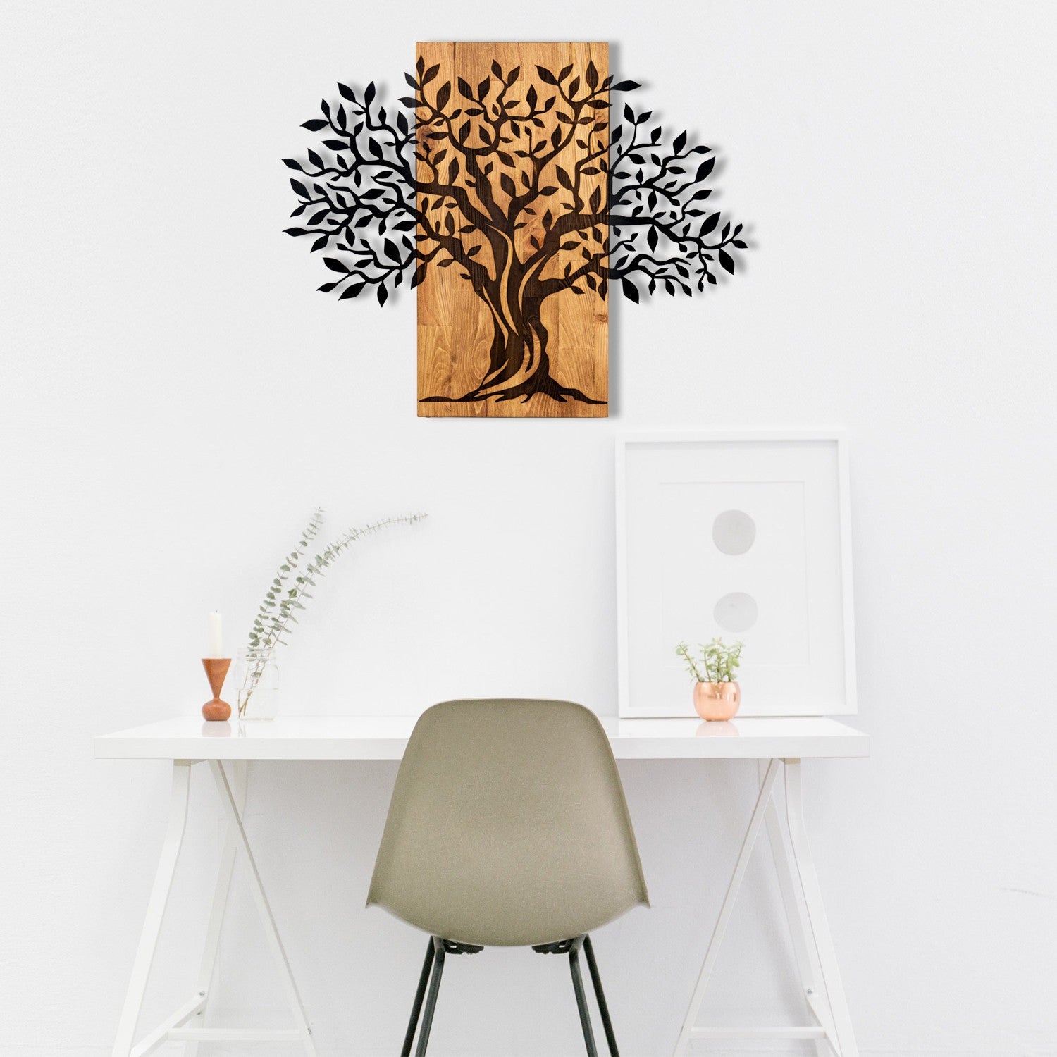 Elegante acessório decorativo de parede em madeira, 72 x 58 cm, preto e nogueira | 100% metal (1,2 mm) e estrutura de madeira (3 cm) | Perfeito para decoração moderna