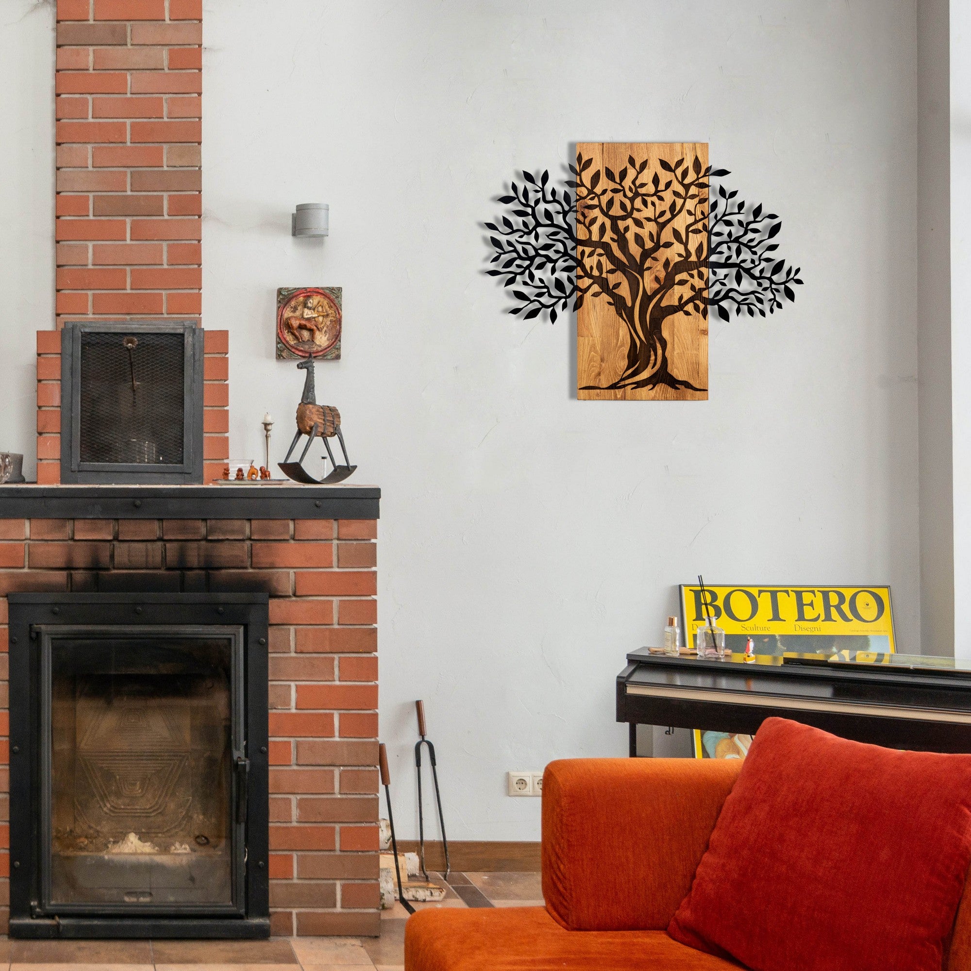 Elegante acessório decorativo de parede em madeira, 72 x 58 cm, preto e nogueira | 100% metal (1,2 mm) e estrutura de madeira (3 cm) | Perfeito para decoração moderna