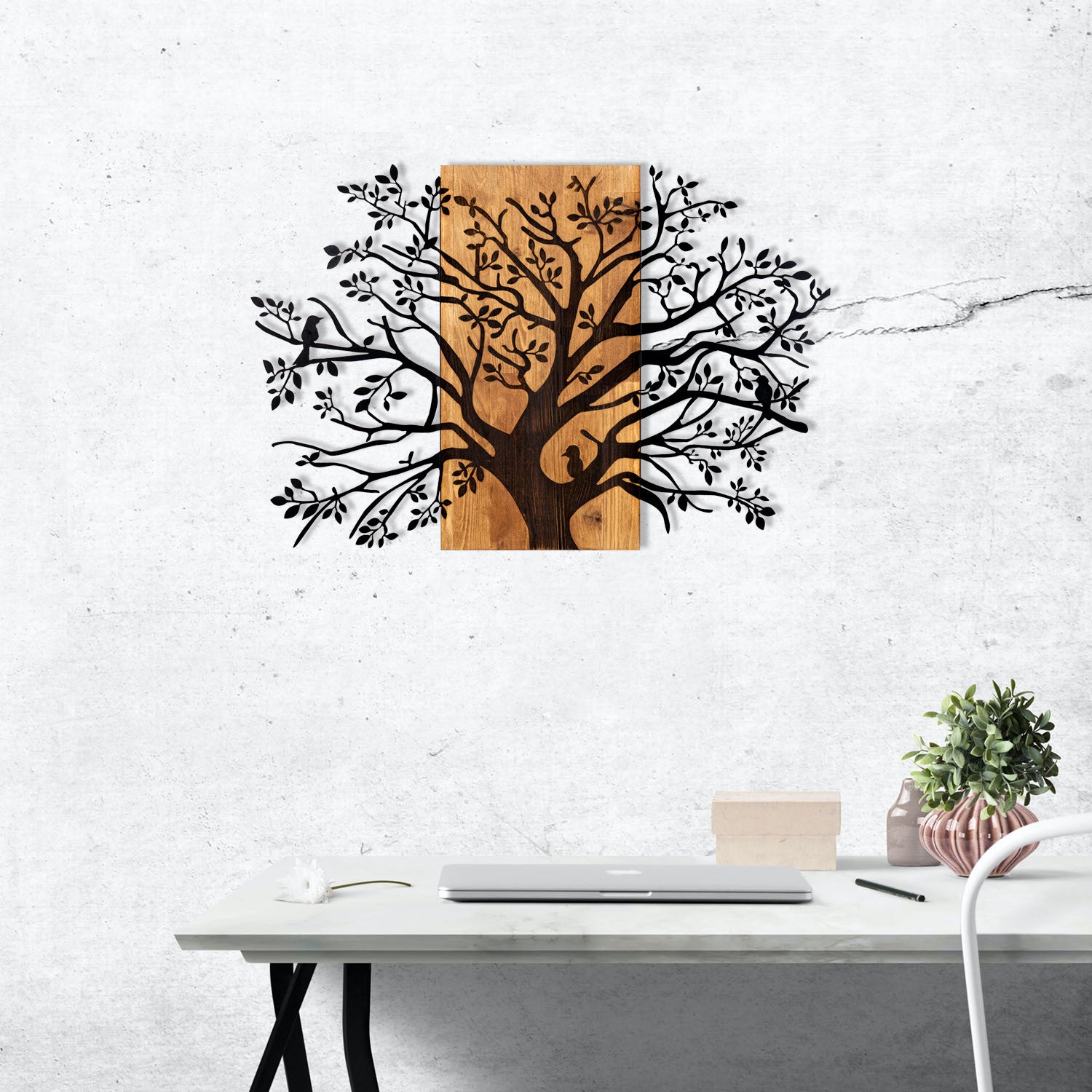 Elegante acessório decorativo de parede em madeira, 85 x 58 cm, preto e nogueira | 100% metal (1,2 mm) e estrutura de madeira (3 cm) | Perfeito para decoração moderna