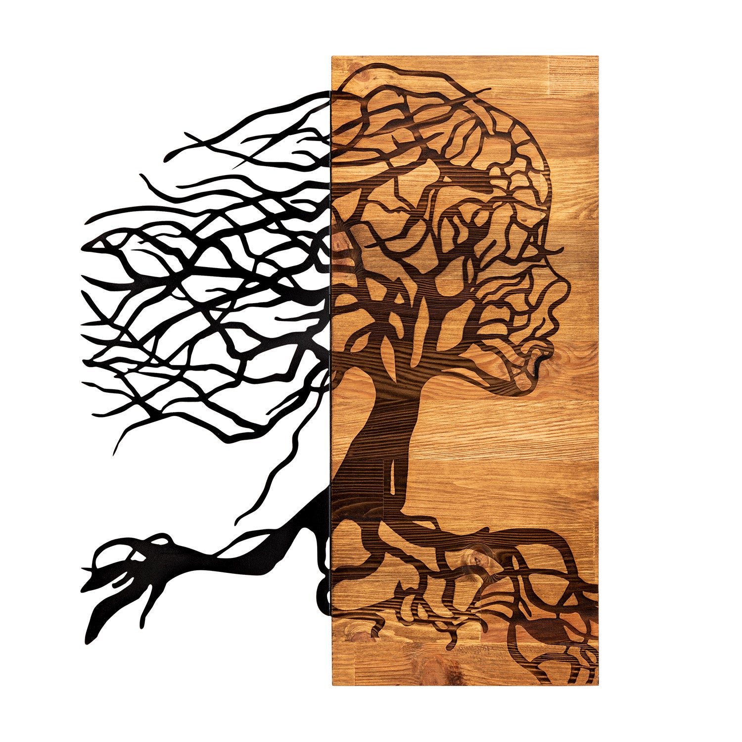 Nefes – Acessório Decorativo de Parede em Metal com Moldura de Madeira, Preto/Nogueira, 47x58 cm