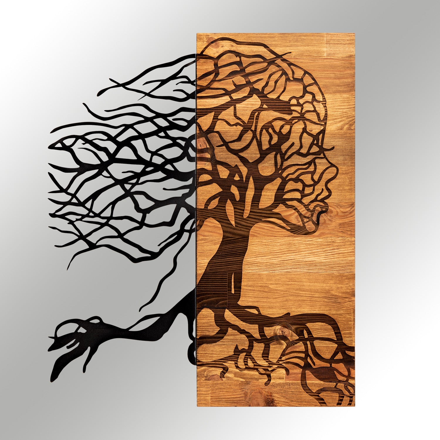 Nefes – Acessório Decorativo de Parede em Metal com Moldura de Madeira, Preto/Nogueira, 47x58 cm