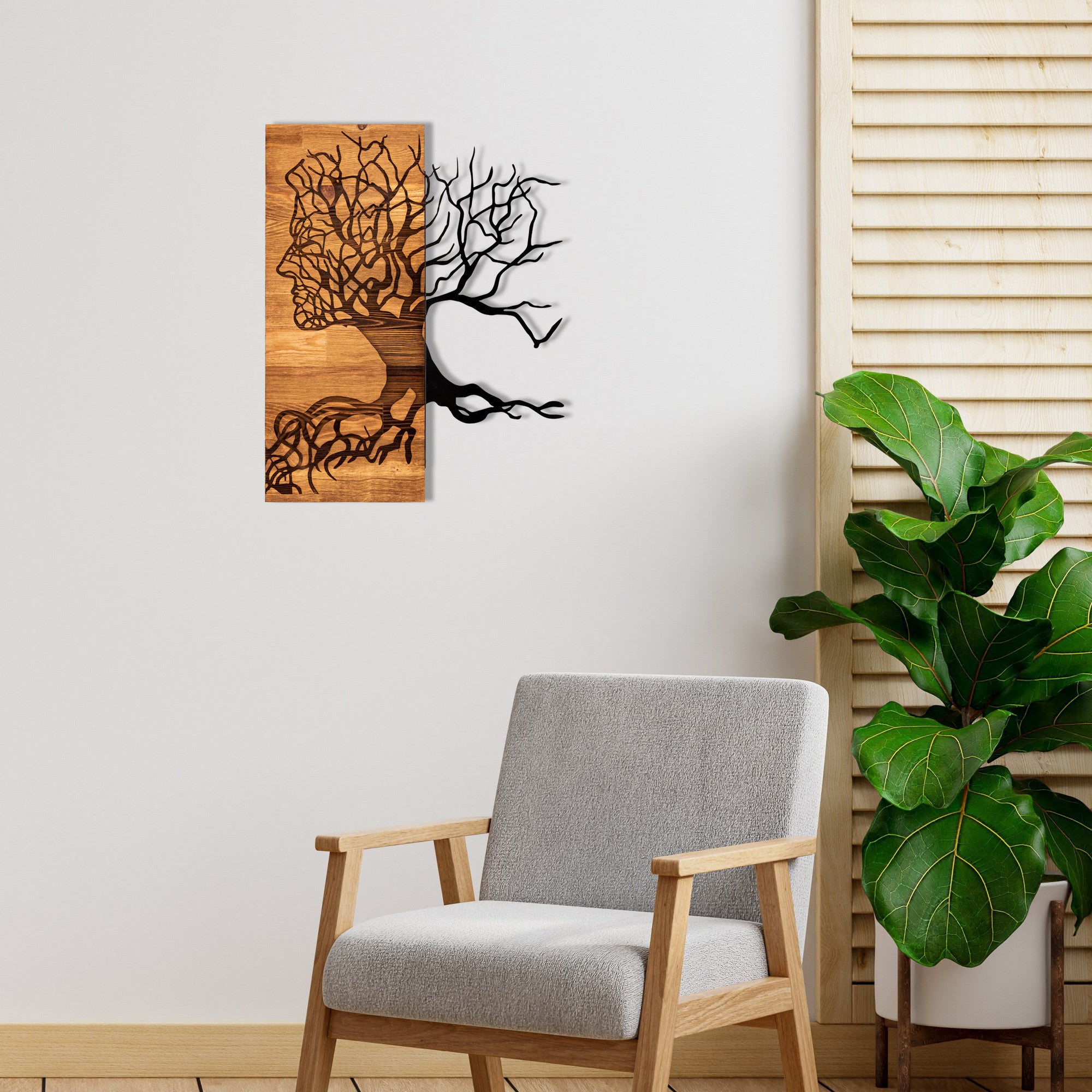 Muaz — Acessório Decorativo de Parede em Metal Preto com Moldura de Nogueira, 45 x 58 cm